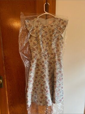 Floral Ruffle Cap Sleeve Dress - Cream with Pink & Green